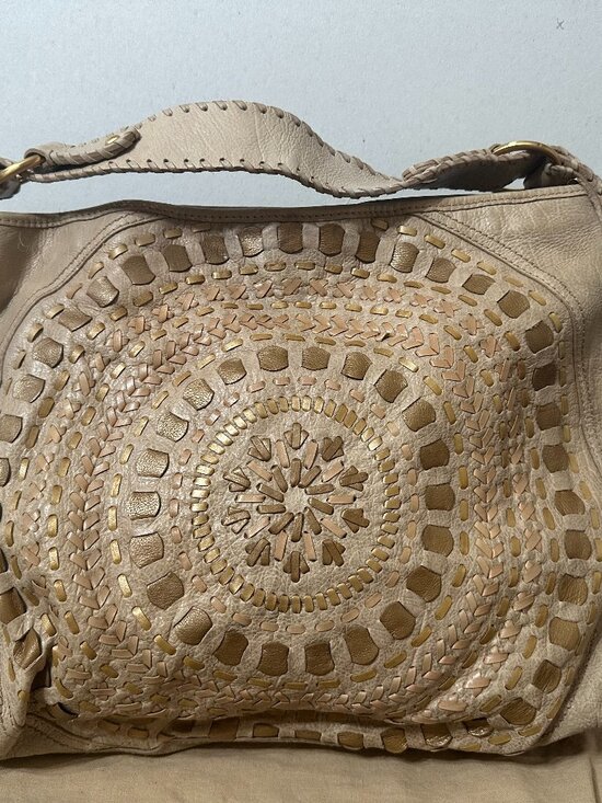 Isabella Fiore Handbags - Isabella Fiore Laser Cut Mandala Woven Leather Hobo Taupe Gold Hardware